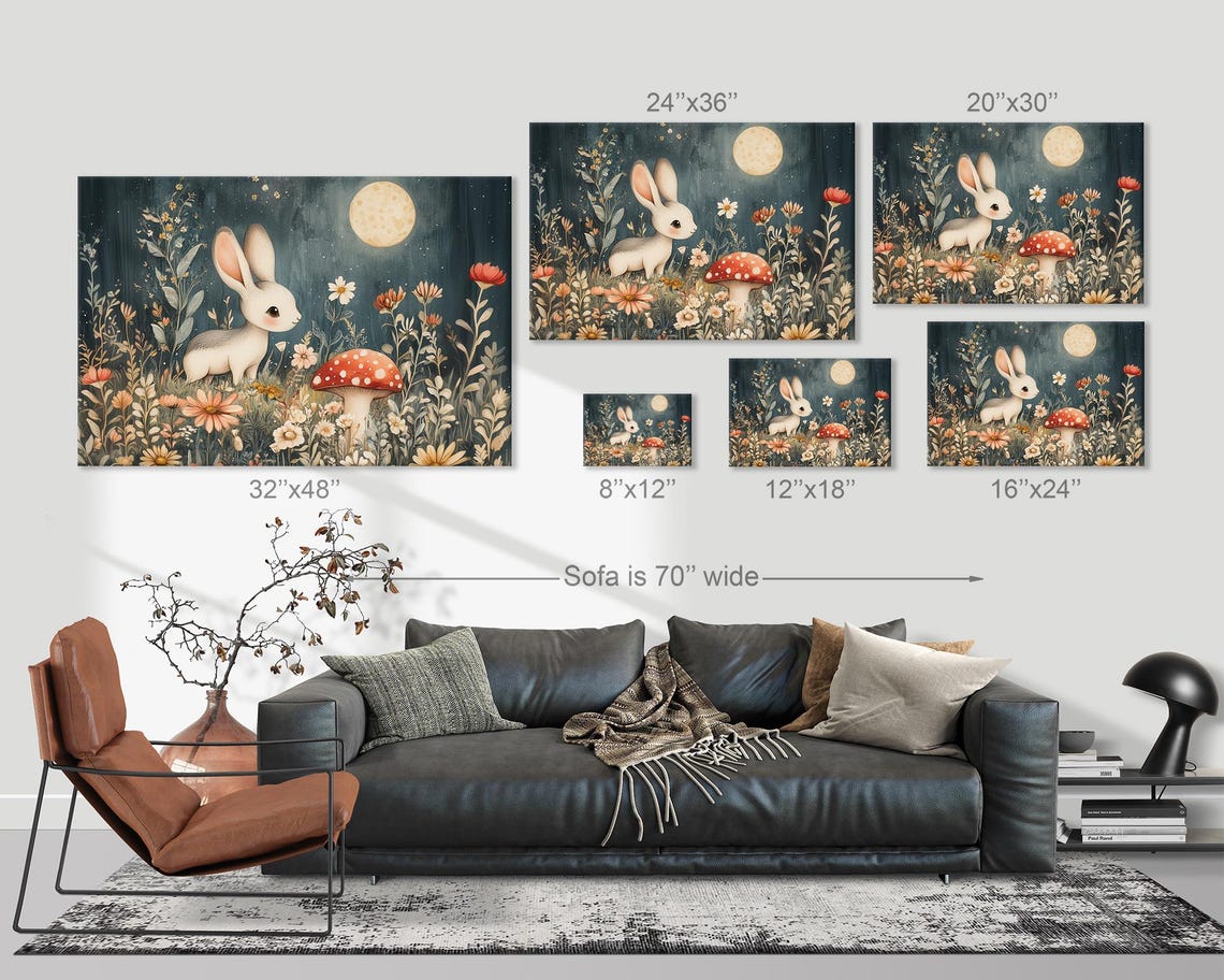 Cute Bunny in Moonlit Flower Meadow With Red Mushroom Poster - Image 3