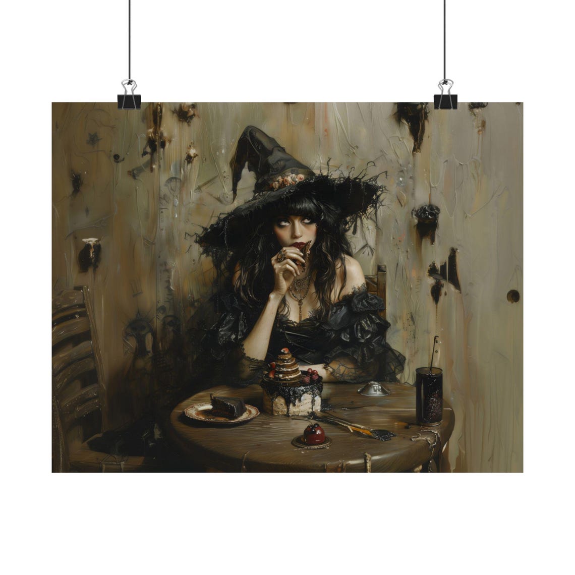 Witch Eating Cake Dark Gothic Bakery Table Treats Halloween Art Poster
