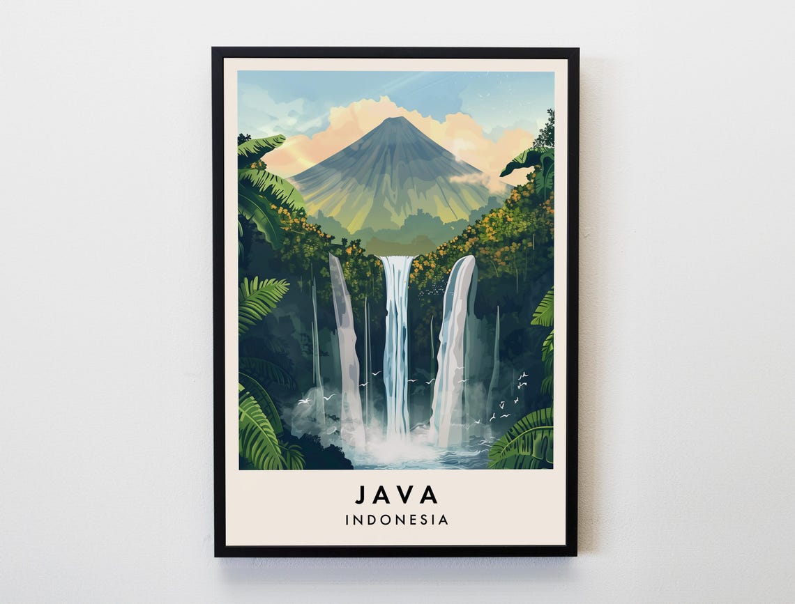 Java Indonesia Volcano Waterfall Jungle Vintage Travel Poster