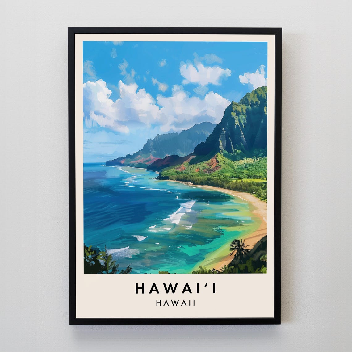 Hawaii USA Turquoise Bay and Green Coastal Cliffs Retro Travel Poster