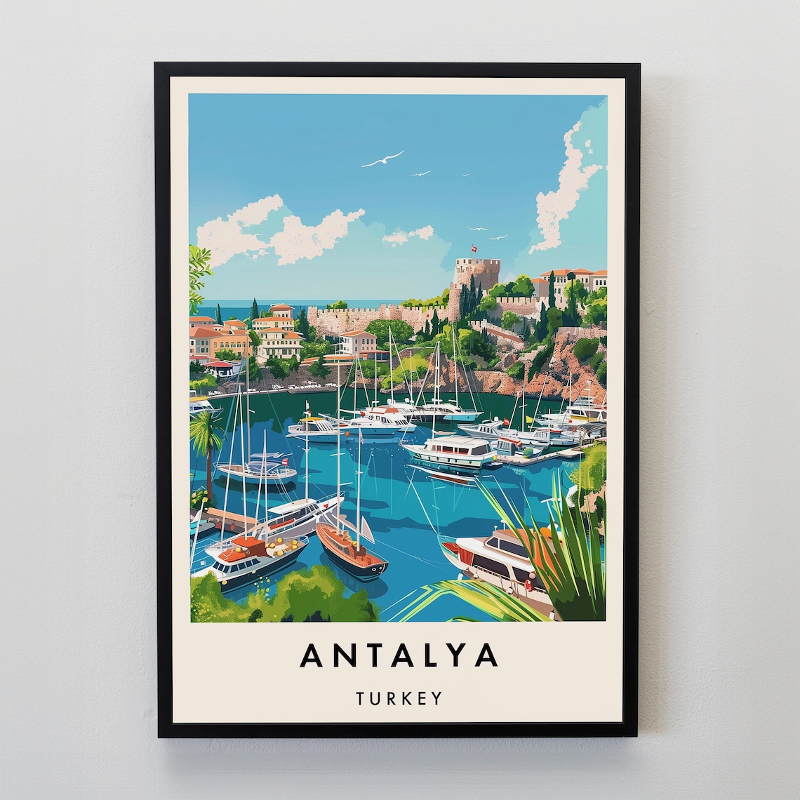 Antalya Turkey Old Harbor Sailboats Vintage Travel Scene Poster
