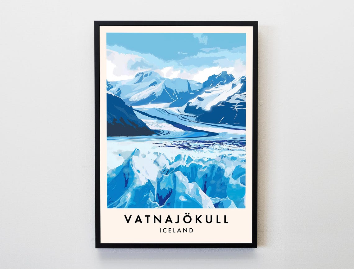 Vatnajokull Iceland Glacier Travel Poster Blue Ice Crevasse Mountains