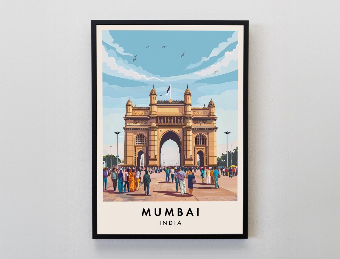 Mumbai India Gateway Of India Arch Crowds Daytime Travel Poster