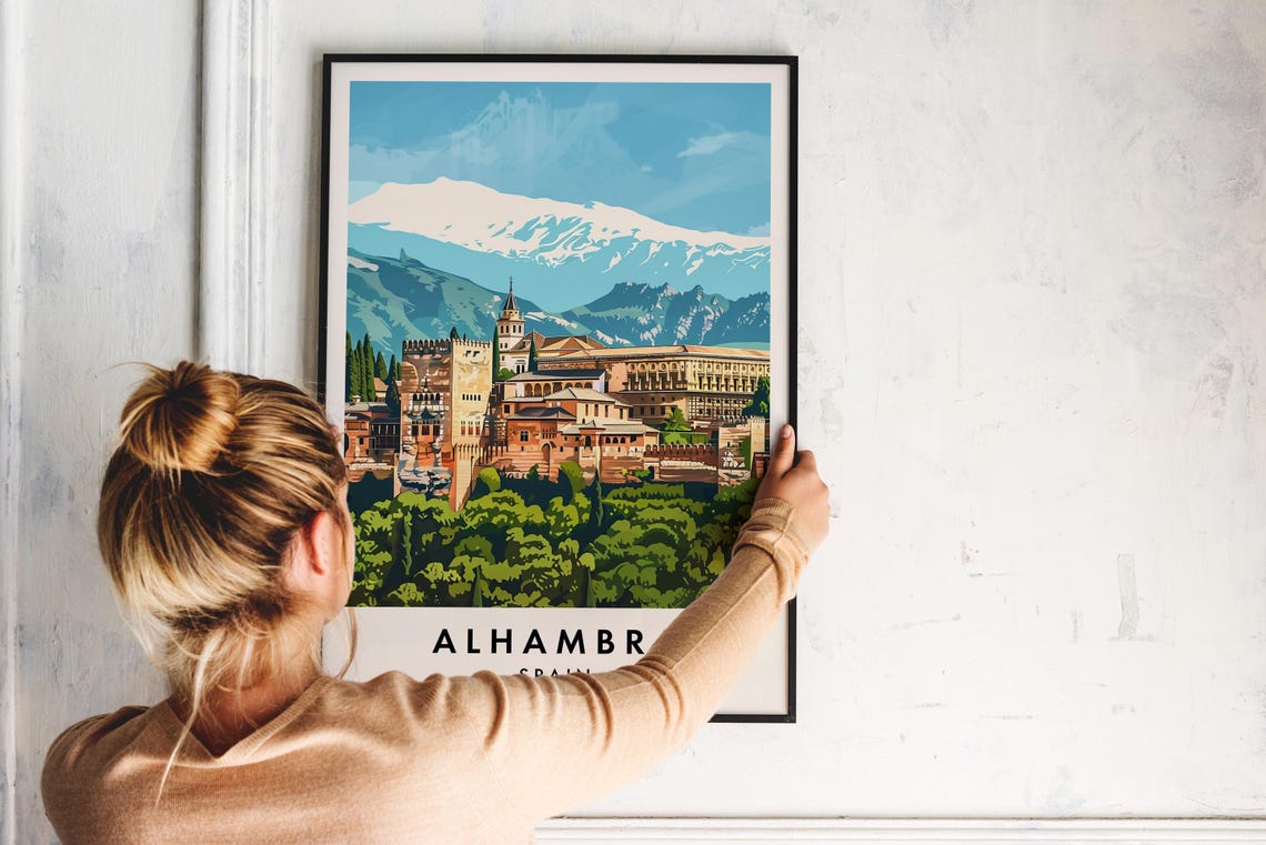 Alhambra Palace With Snowy Sierra Nevada Peaks Vintage Spain Poster - Image 2
