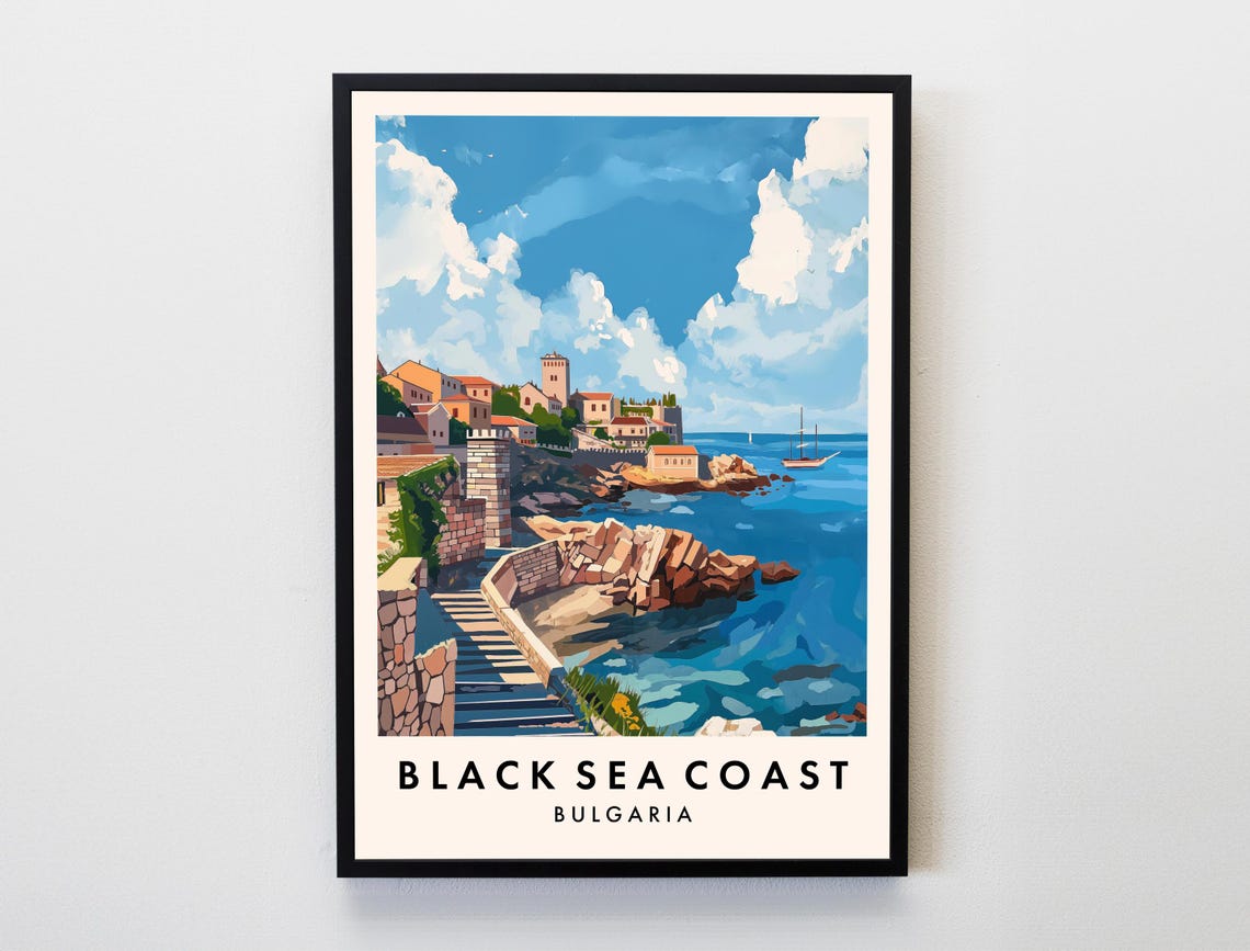 Black Sea Coast Bulgaria Travel Poster Rocky Cliffs Seaside Old Town