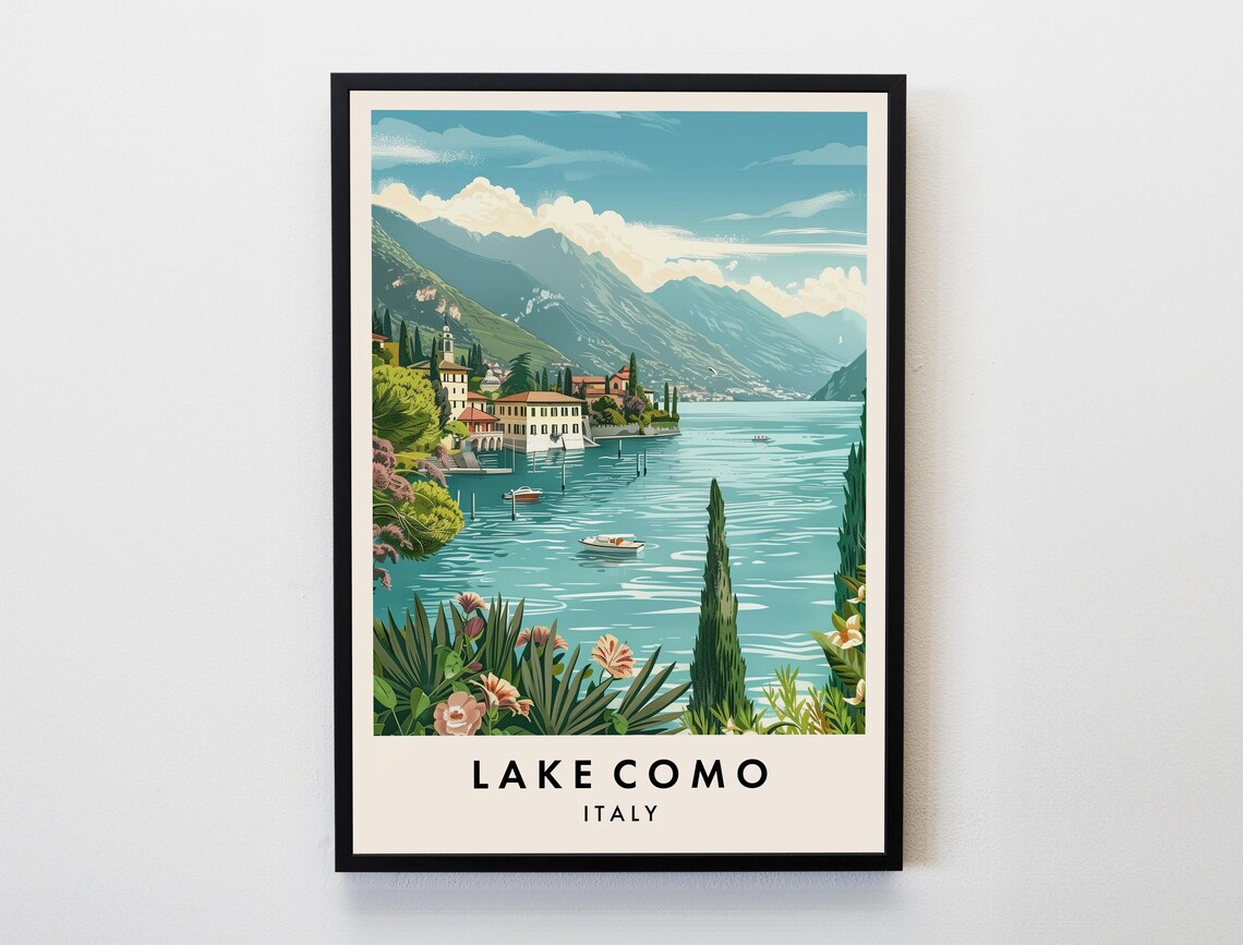 Lake Como Italy Serene Lakeside Villa Boats Mountain Travel Poster