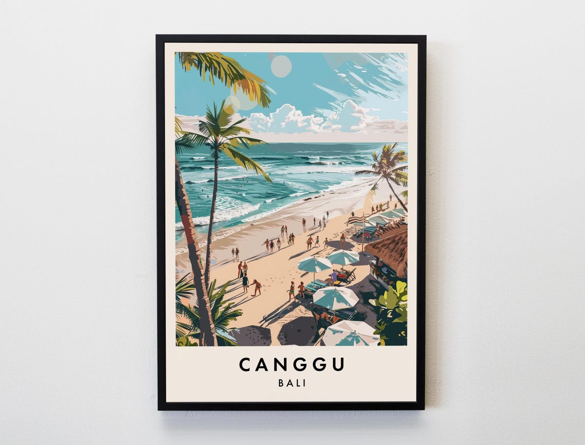 Sunny Canggu Bali Beach Surf Scene Palms Vintage Travel Poster