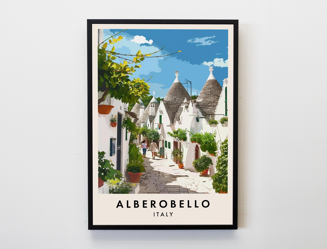 Alberobello Italy Trulli Houses Whitewashed Alley Sunny Travel Poster