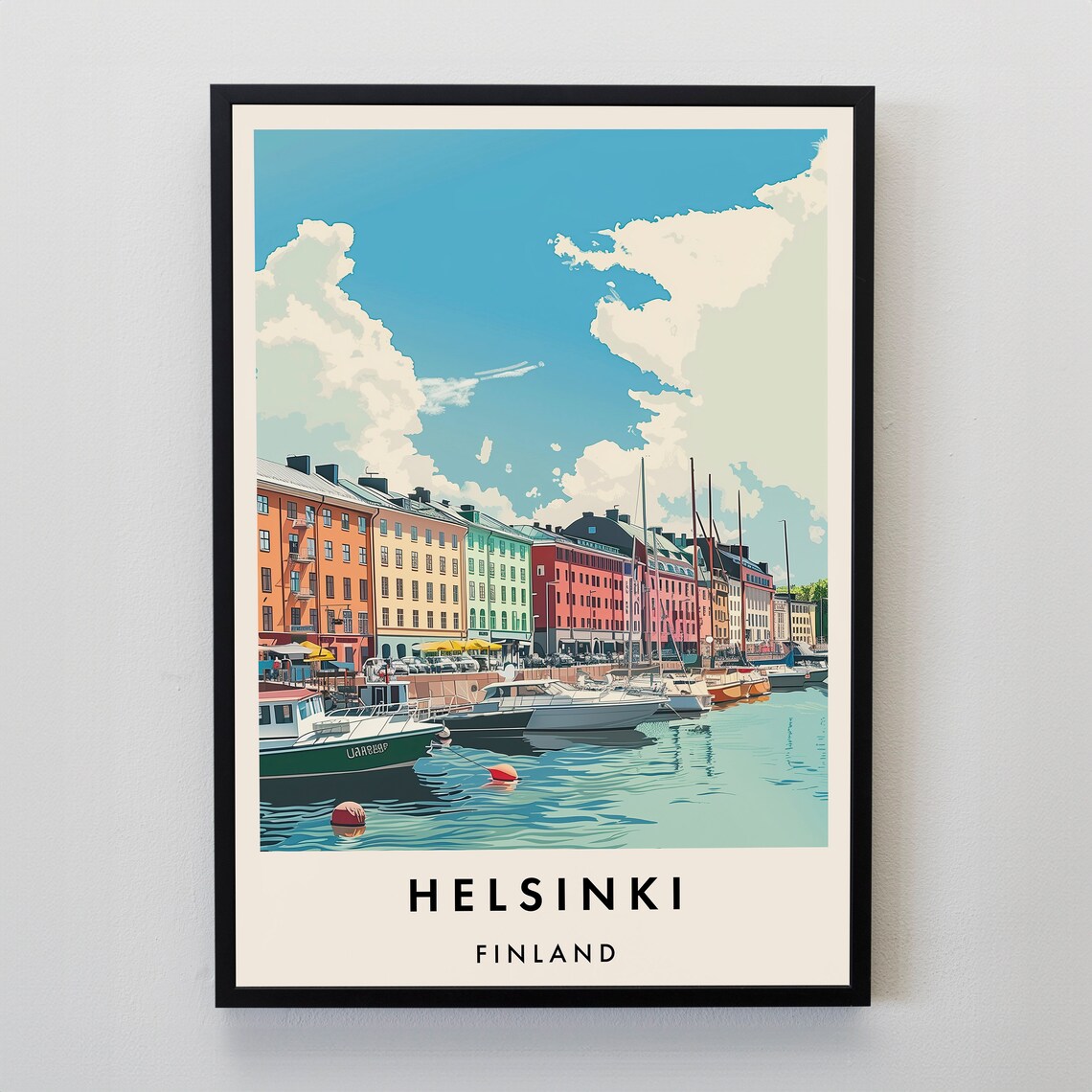 Helsinki Finland Harbor Travel Poster With Boats and Old Town