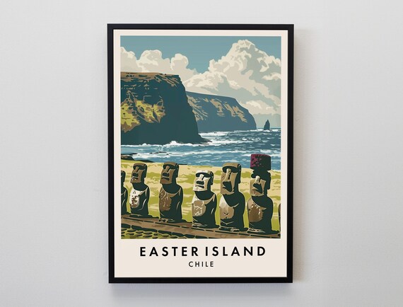 Easter Island Moai Statues Coastal Cliffs Chile Adventure Travel Poster