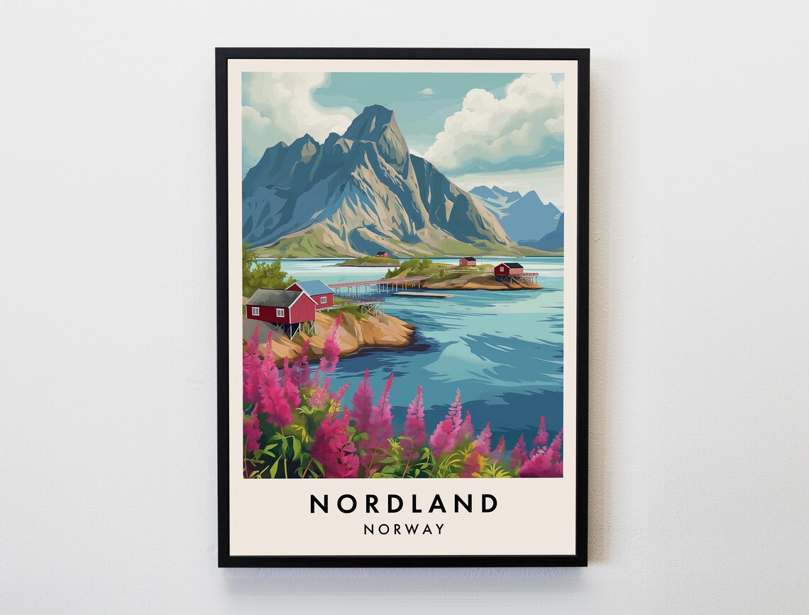 Nordland Norway Travel Poster Fjord Cabins Fireweed Blooms Peaks Art