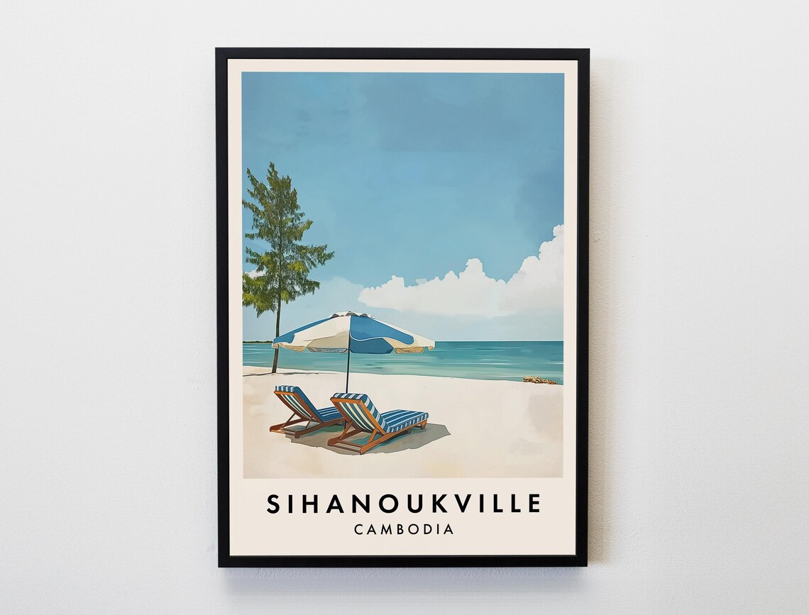Sihanoukville Cambodia Tropical Beach Chairs Retro Travel Poster