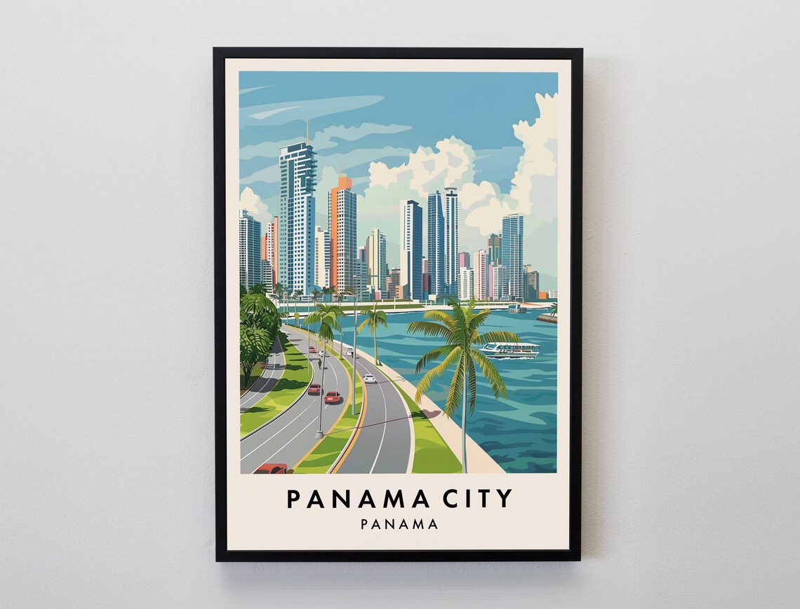 Panama City Skyline Waterfront Promenade Modern Travel Poster