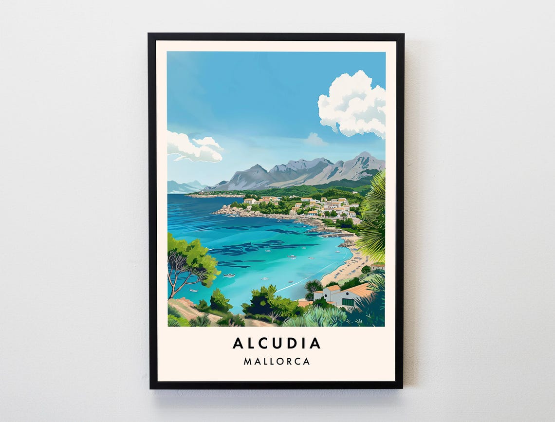 Alcudia Mallorca Spain Coastal Bay with Beach View Travel Poster