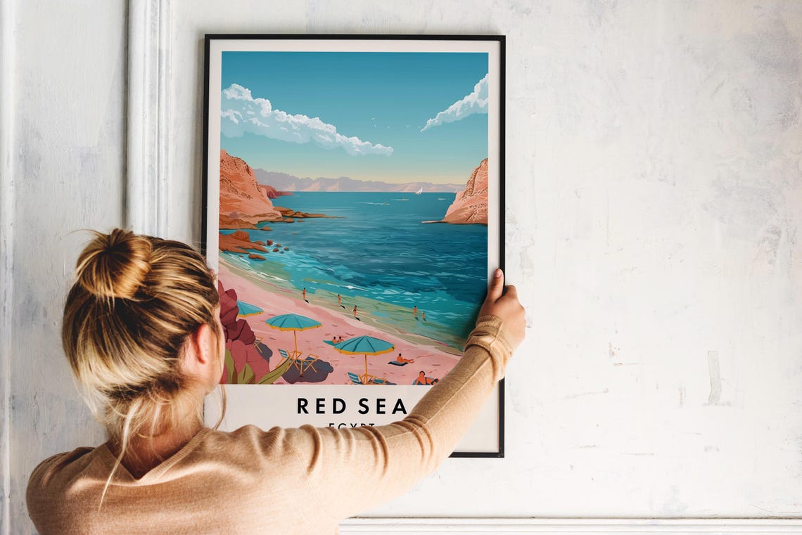Sunny Red Sea Egypt Beach Umbrellas Cliffs Coastal Travel Poster - Image 2
