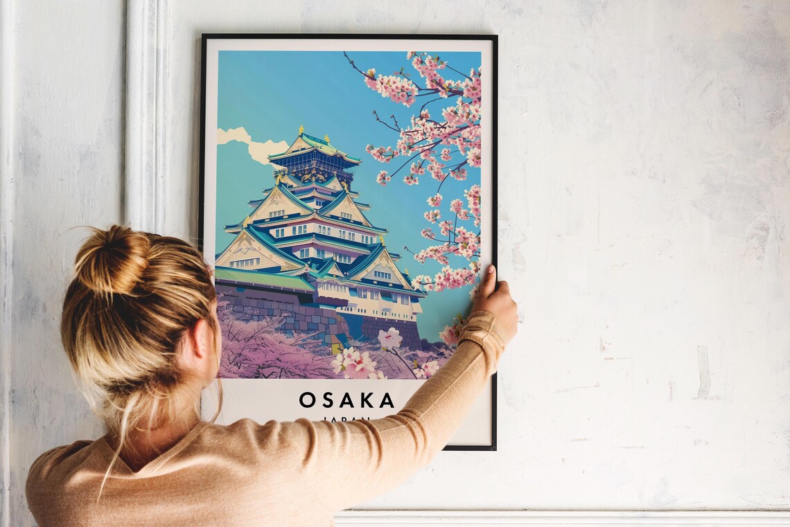 Osaka Japan Castle Cherry Blossom Vintage Illustration Poster - Image 2