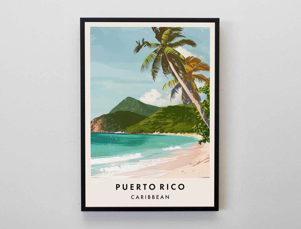 Puerto Rico Leaning Palm Beach Green Peaks Caribbean Travel Poster