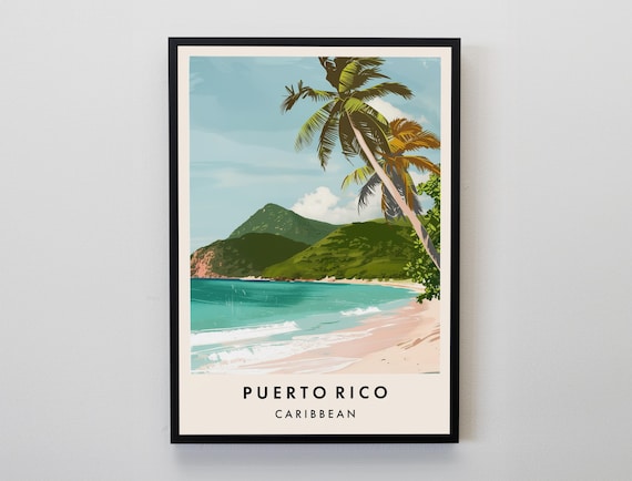 Puerto Rico Leaning Palm Beach Green Peaks Caribbean Travel Poster