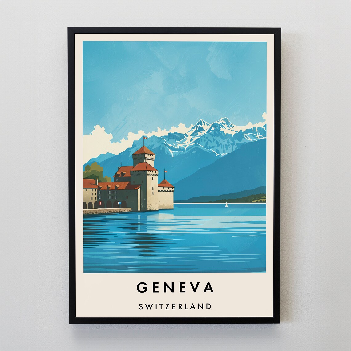 Geneva Switzerland Travel Poster With Lakeside Castle Mountain View