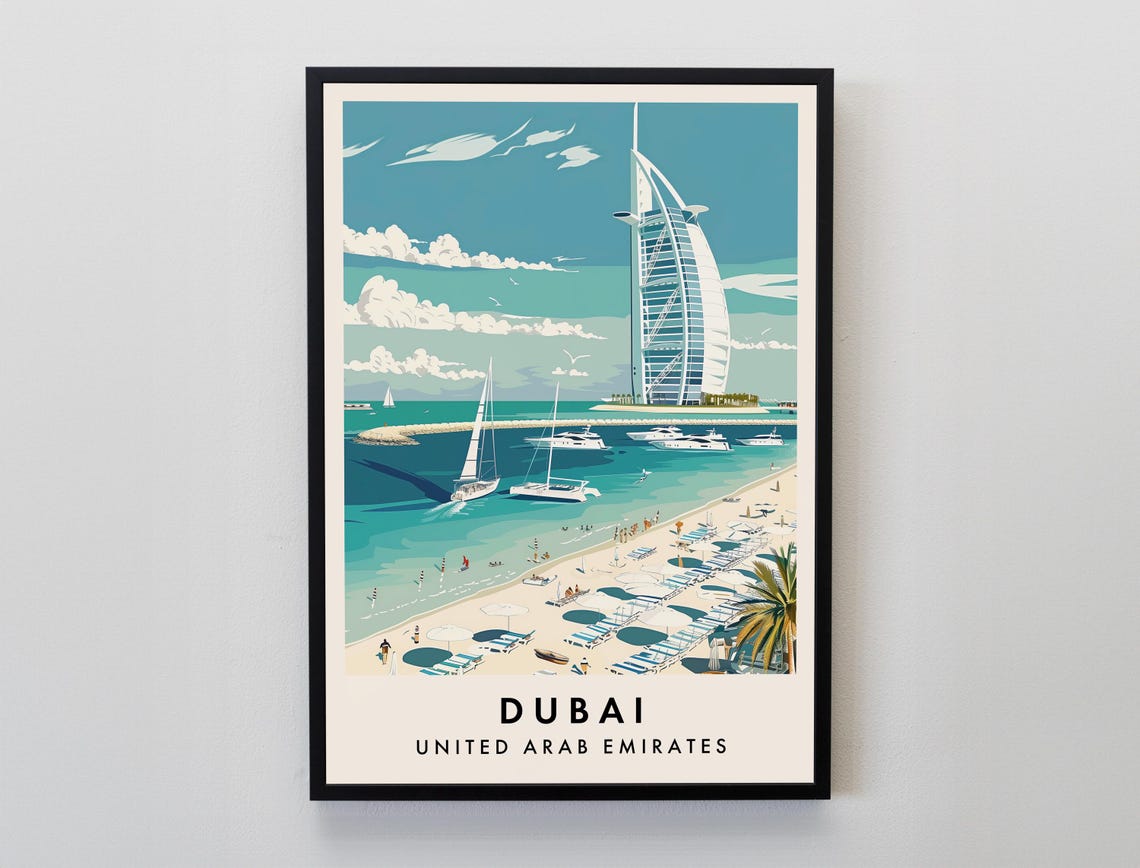 Dubai Burj Al Arab Luxury Beach Sailboats Daytime Travel Poster