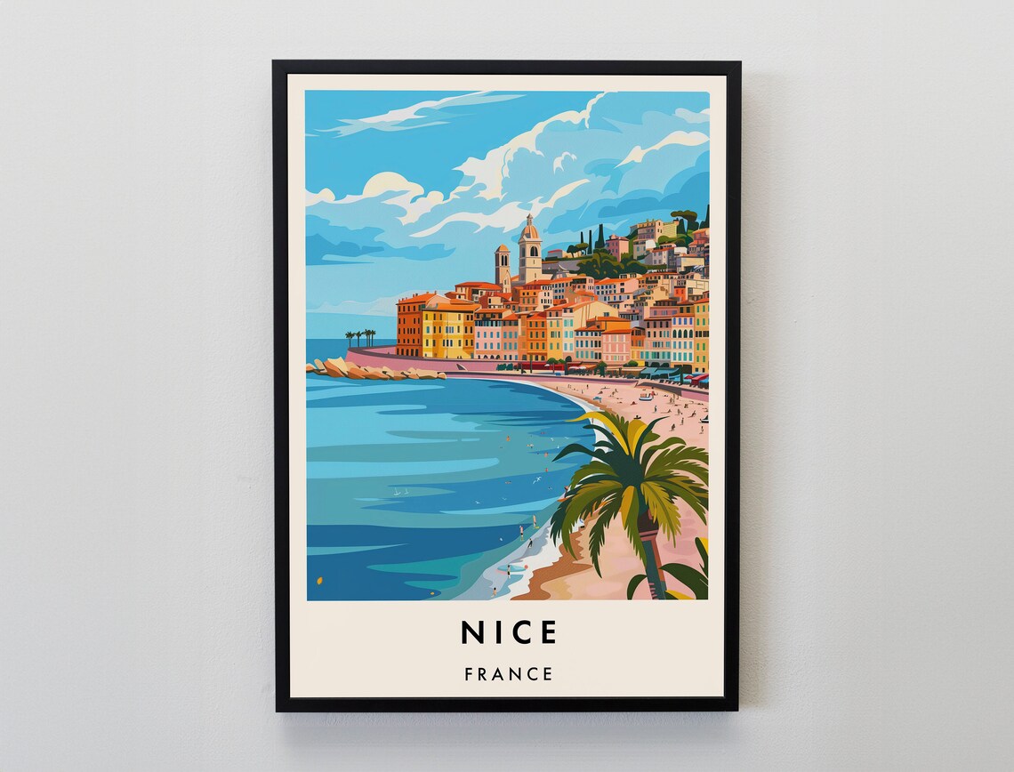 Nice France Riviera Beach Vintage Travel Artwork Scene Poster