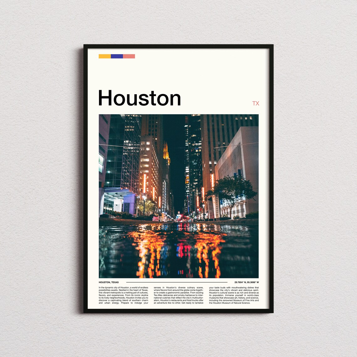 Houston Texas Night Skyline City Lights Reflection Travel Poster