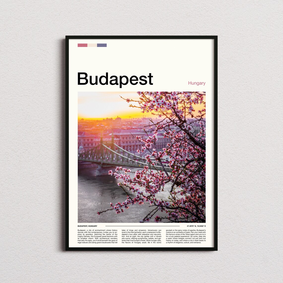 Budapest Hungary Bridge Sunset Cherry Blossom Travel Photo Poster