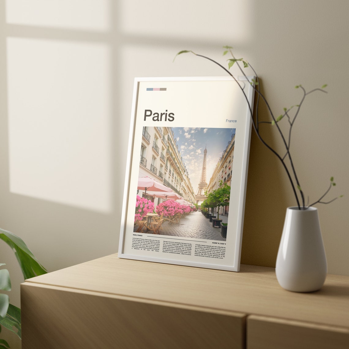 Paris France Eiffel Tower Charming Cafe Street Pink Blossoms Poster - Image 3