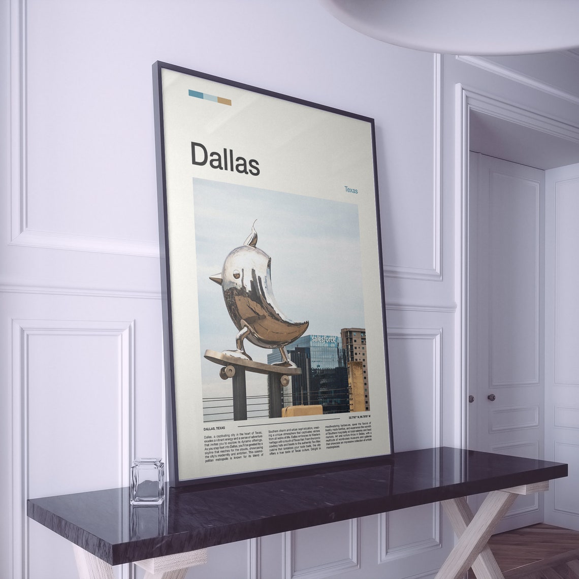 Dallas Texas Downtown Chrome Bird Sculpture Skyline Art Poster - Image 2