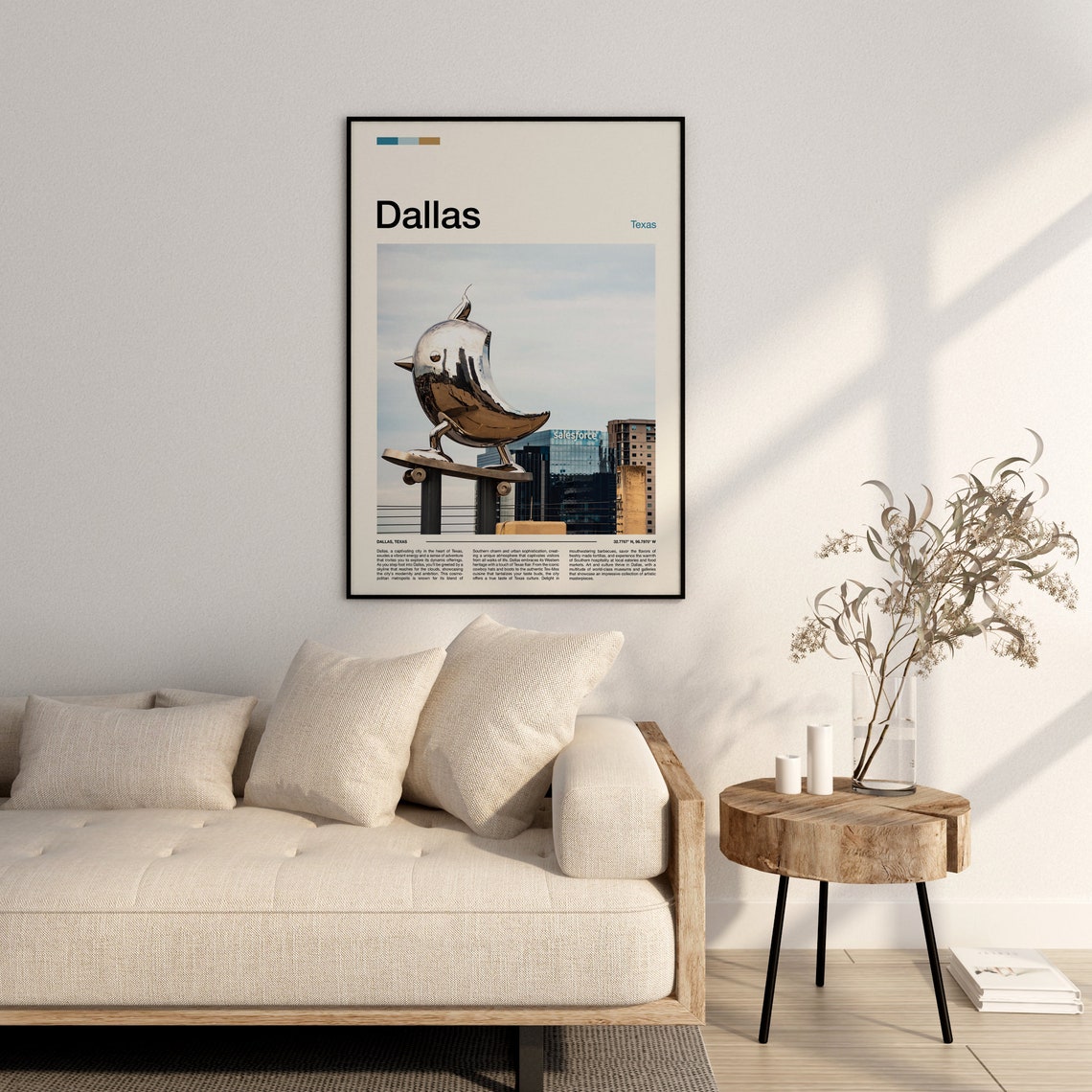 Dallas Texas Downtown Chrome Bird Sculpture Skyline Art Poster - Image 3