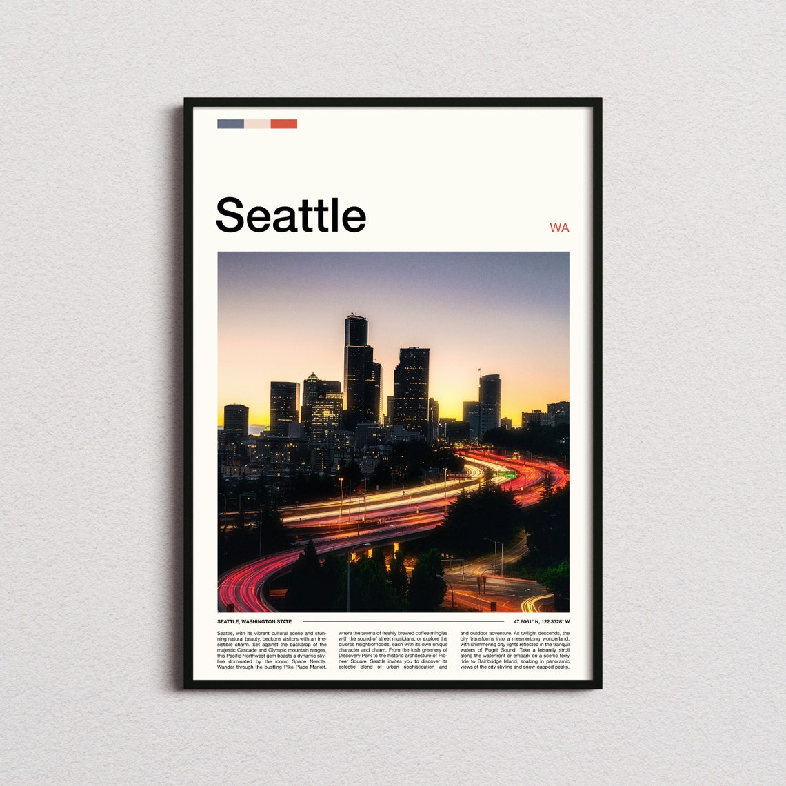 Seattle Washington Sunset Skyline With Freeway Light Trails Poster
