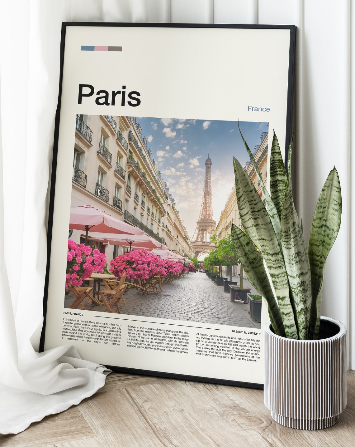 Paris France Eiffel Tower Charming Cafe Street Pink Blossoms Poster - Image 2
