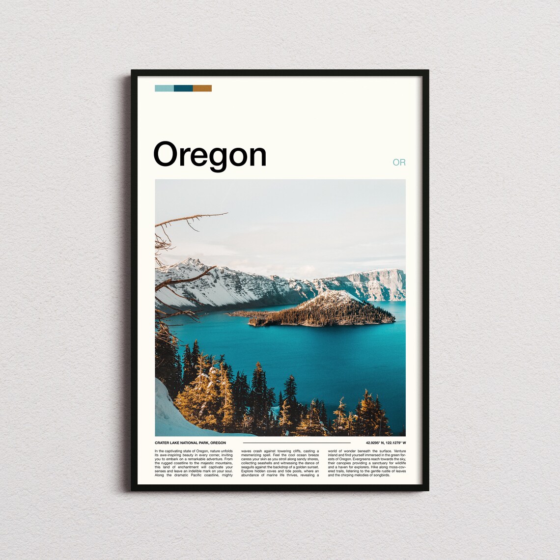 Oregon Crater Lake Winter Snowy Slopes Blue Water Photography Poster