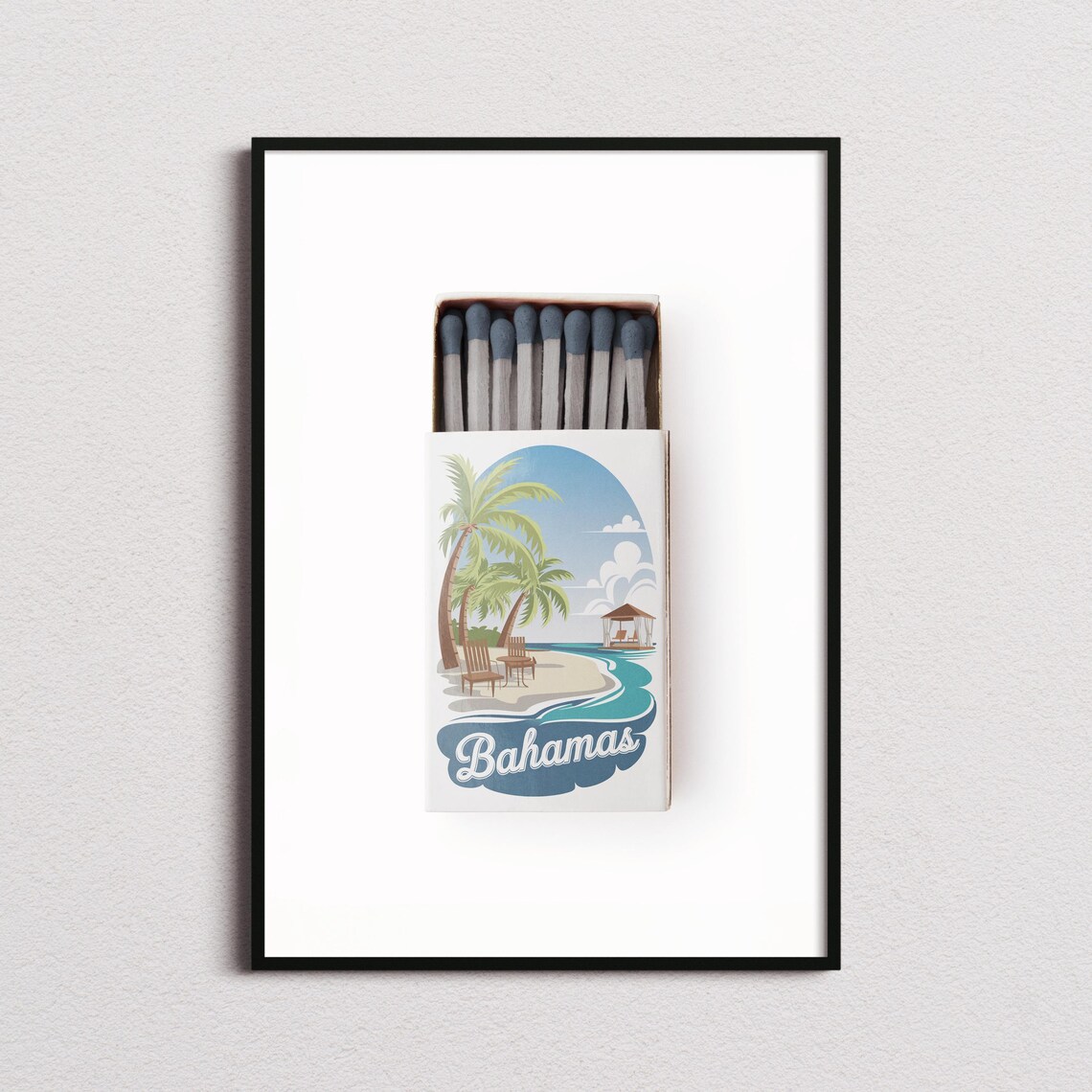 Bahamas Tropical Beach Matchbox Style Art with Palms and Cabana Poster