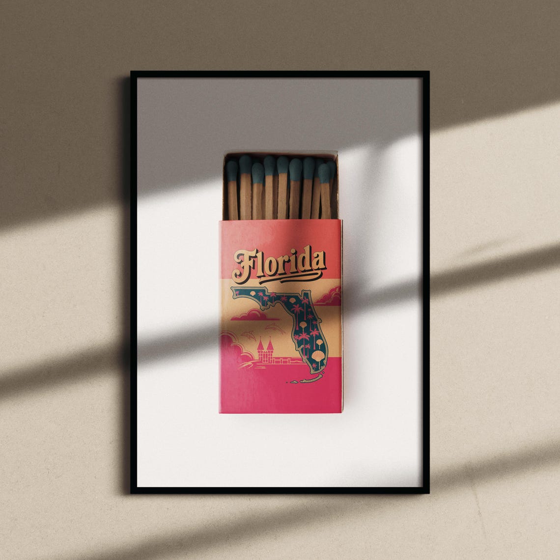 Florida Vintage Matchbox Style Palm Map Retro Art Travel Poster - Image 2