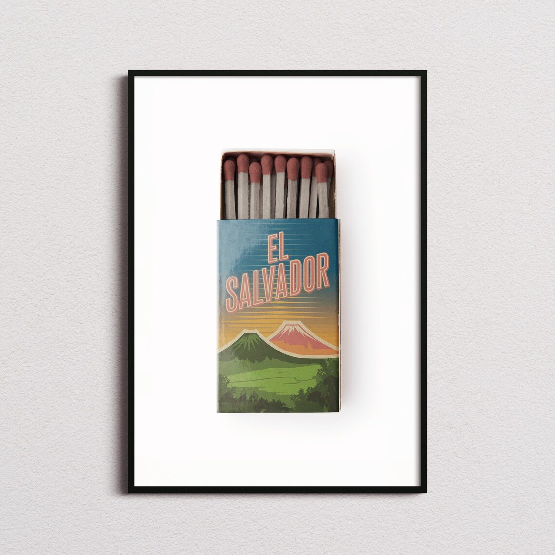 El Salvador Matchbox Volcano Sunset Vintage Travel Art Poster