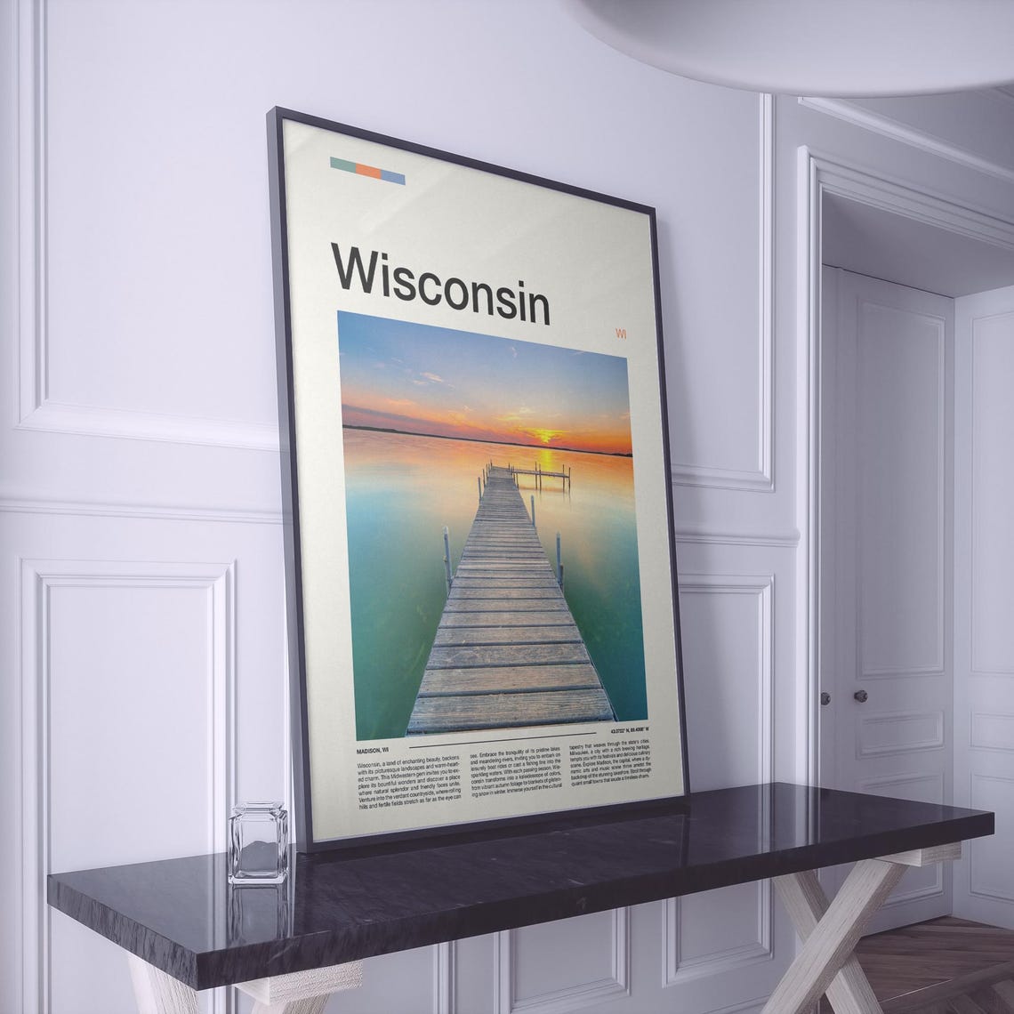Wisconsin Calm Lake Sunset Pier Silhouette Photography Poster - Image 2