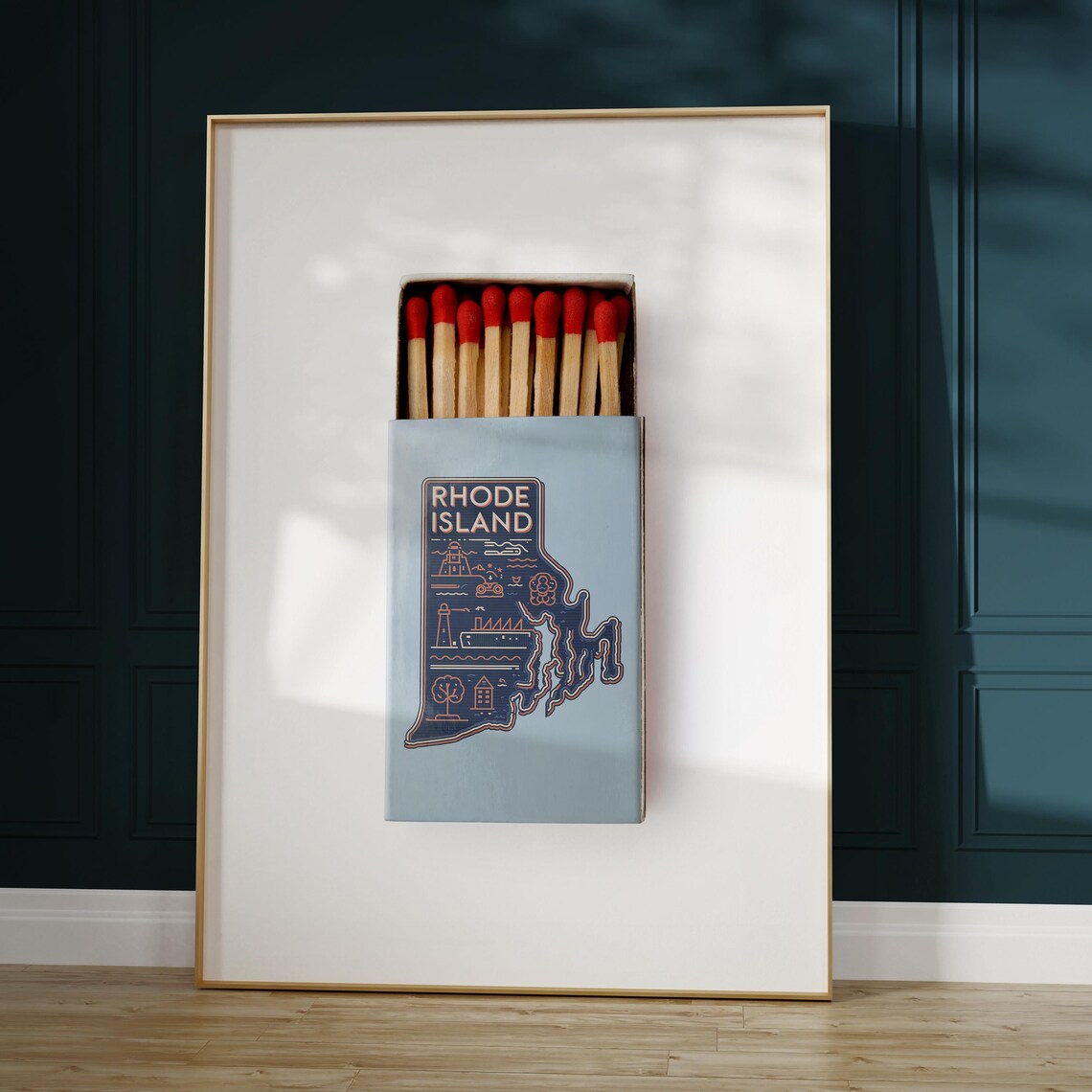 Rhode Island Matchbox State Map Line Art Coastal Icons Vintage Poster - Image 3