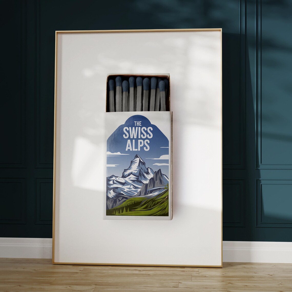 The Swiss Alps Matchbox Style Art with Snowy Peak in Blue Arch Poster - Image 5