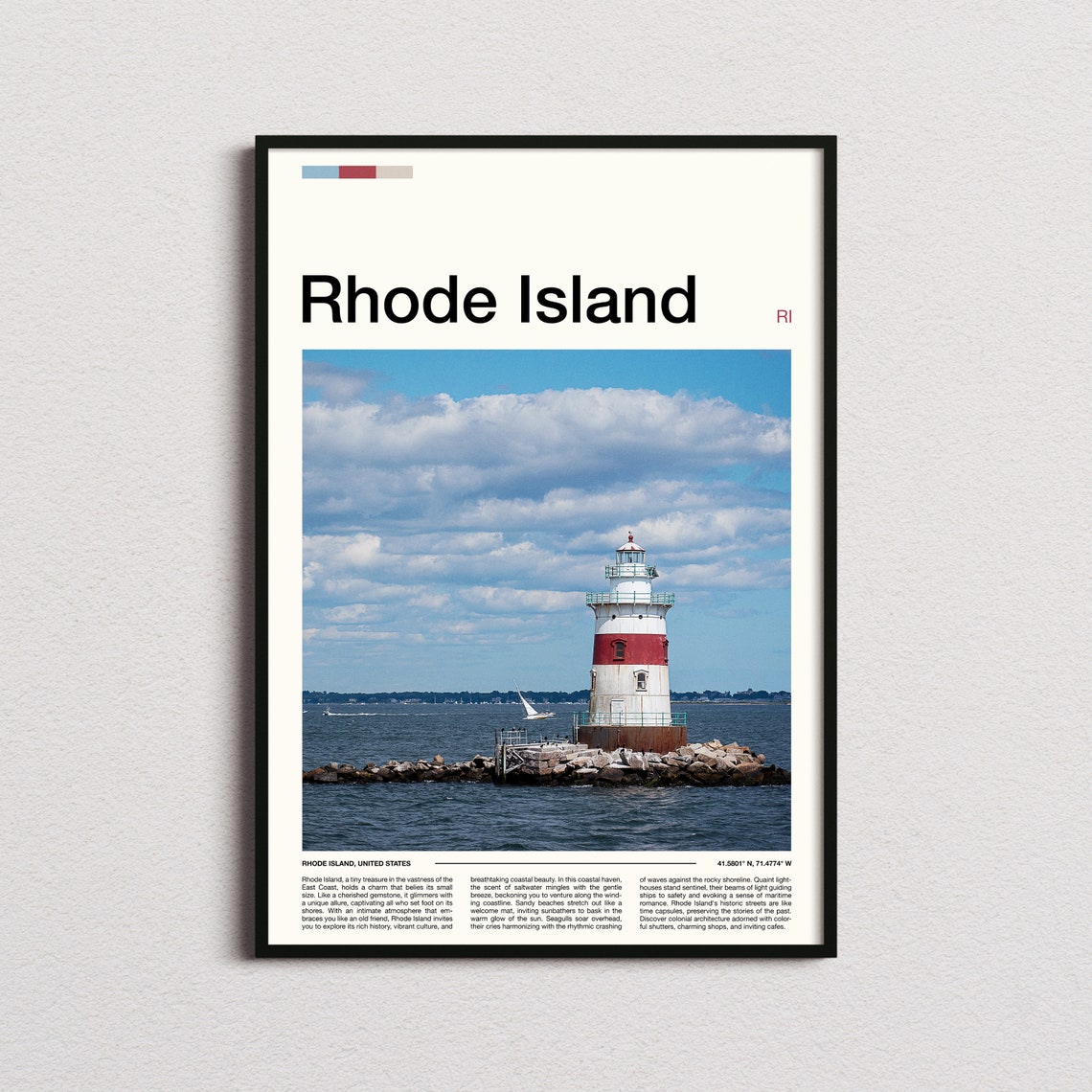 Rhode Island Red and White Lighthouse Harbor Blue Sky Coastal Poster