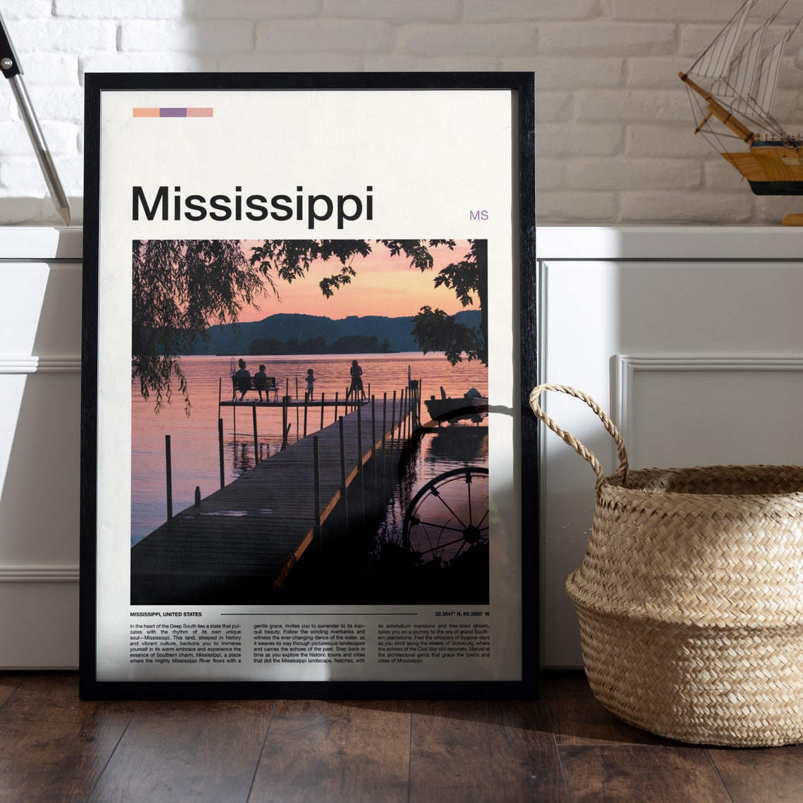 Mississippi Lake Pier Sunset Silhouette Fishing Scene Art Poster - Image 5