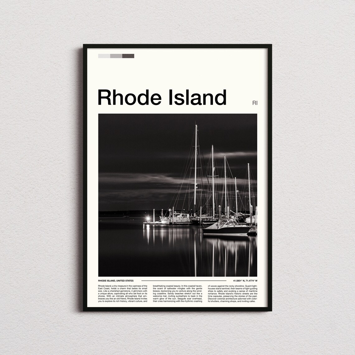 Rhode Island Black and White Marina Sailboats Night Photography Poster