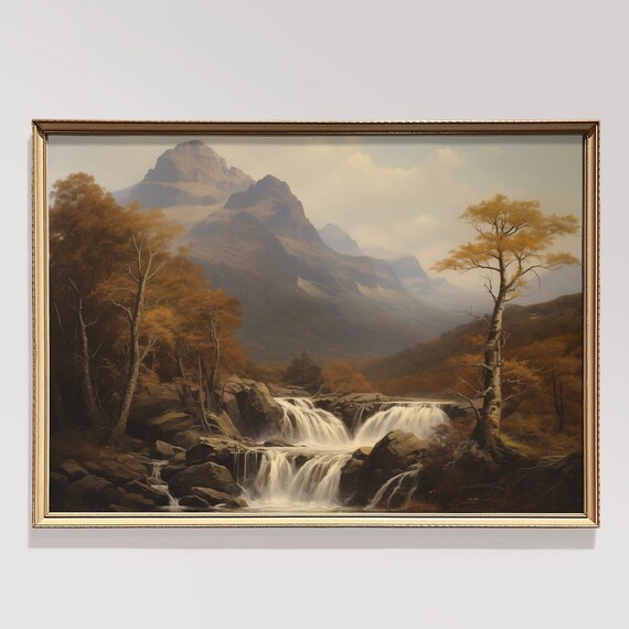 Mountain Waterfall Autumn Valley Golden Birch Vintage Fall Poster