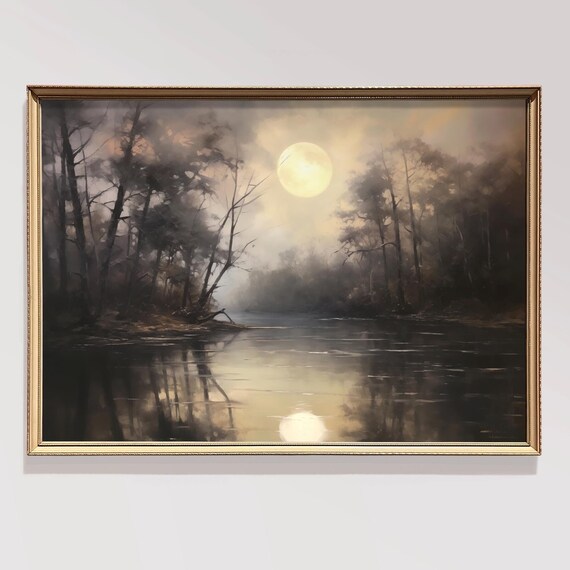 Full Moon Over Misty Lake Moody Night Landscape Vintage Wall Art