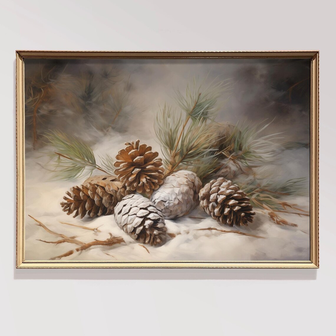 Snowy Pinecones And Pine Boughs In Misty Winter Still Life Poster