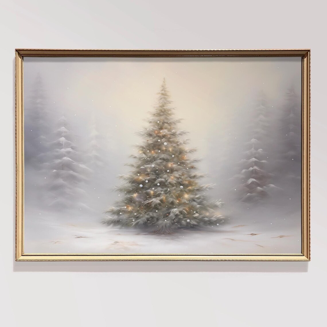 Snowy Moody Christmas Tree Warm Lights Winter Forest Scene Poster