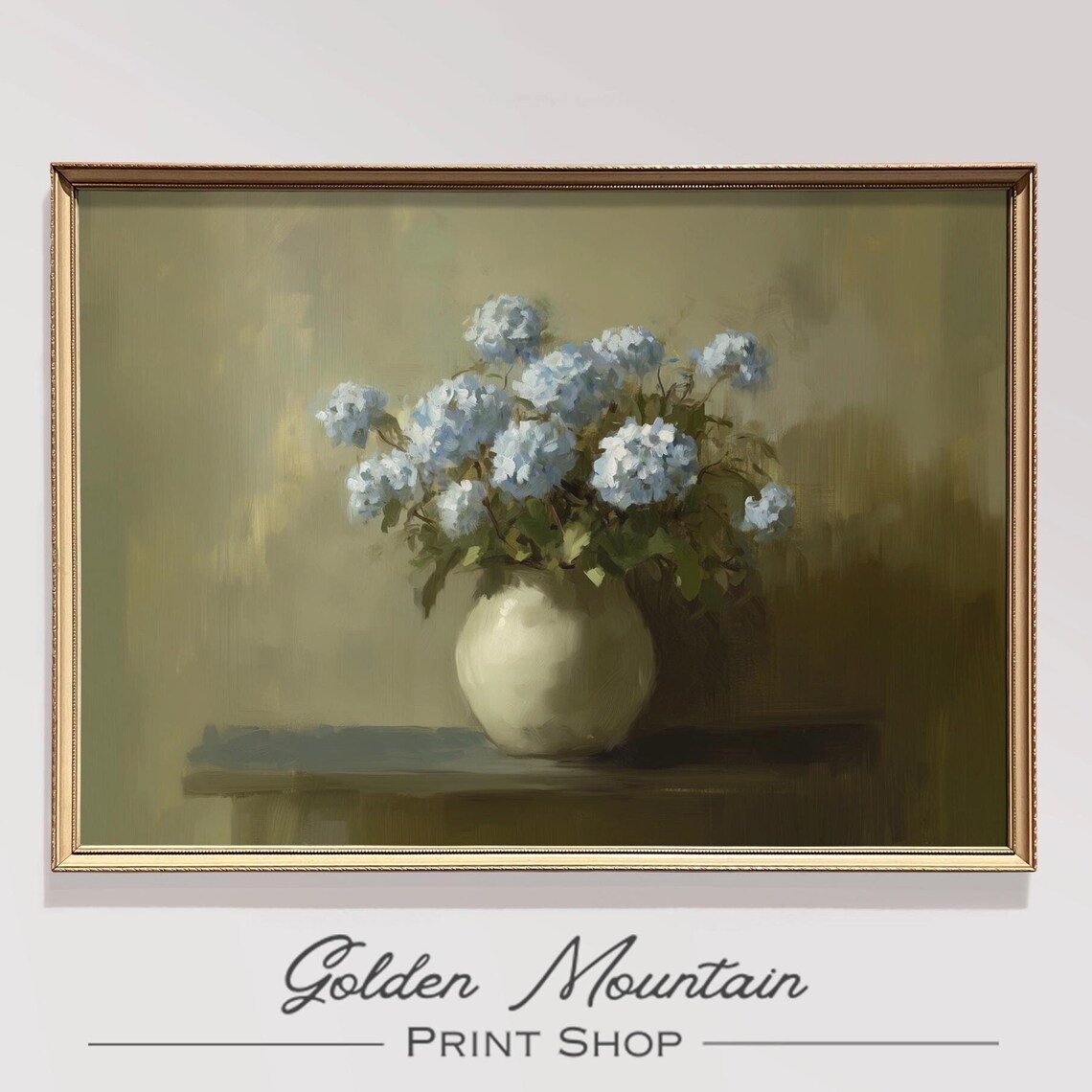 Blue Hydrangea Bouquet White Vase Vintage Oil Painting Art Print
