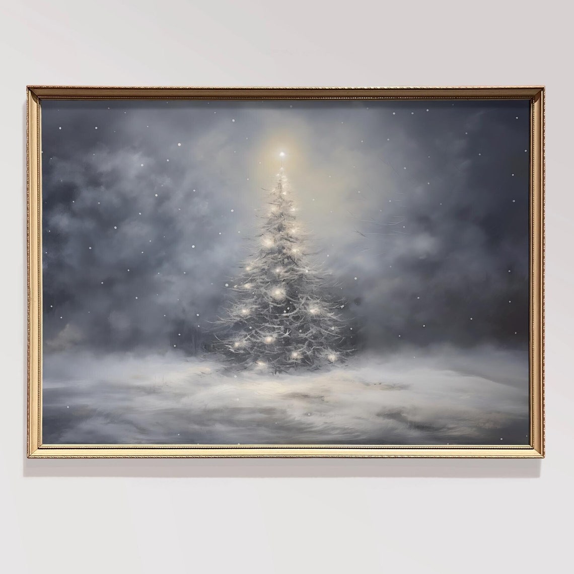 Lit Christmas Tree In Snowy Night Starry Dark Forest Holiday Poster