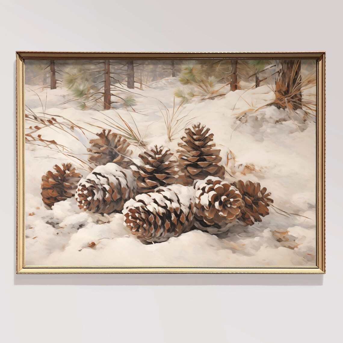 Snow Covered Pinecones Scattered In Winter Forest Still Life Poster