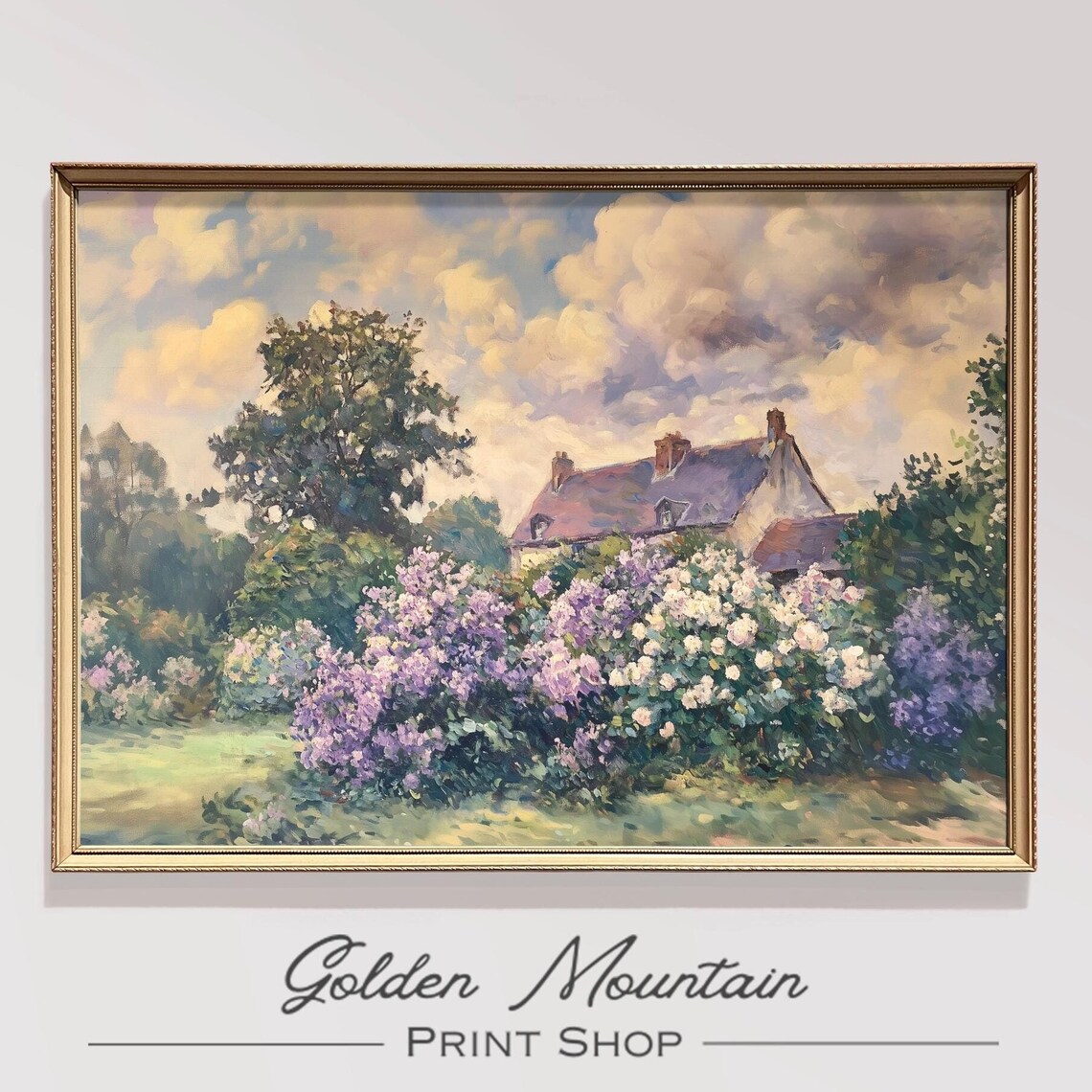 Cottage Garden Lilac Bush Purple White Bloom Vintage Oil Poster
